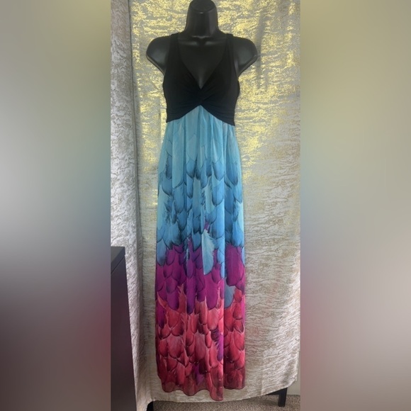 Janette John 3:16 Womenโs Peacock Feather Print Chiffon Maxi Dress Size S - Picture 2 of 13